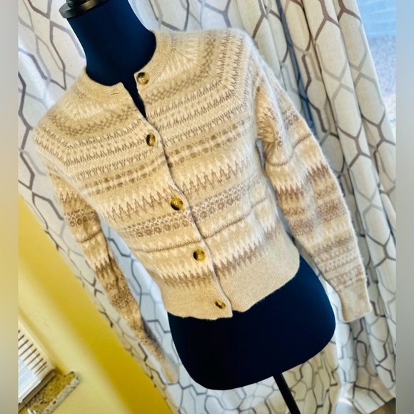EUC White + Warren Warm Neutral Cashmere Fair Isle Cardigan Sweater - Picture 5 of 13